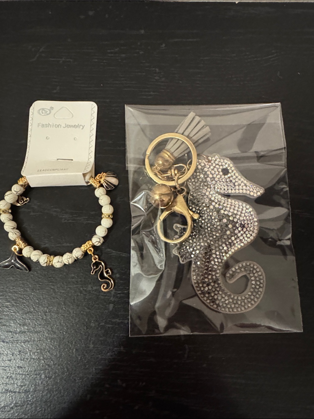 Seahorse Crystal Keychain Charm - Silver and Bracelet